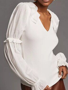 By Anthropologie White Ribbed Knit Ruffle Collar Smocked Sleeve S Victorian Boho